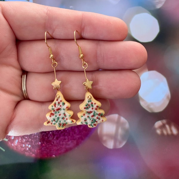Decorated Christmas Tree Sugar Cookie Earrings - Miniature Cut Out Cookie Dangles - Cute Xmas Gift for Family Baker