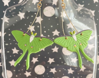 Luna Moth Dangle Earrings: Green Polymer Clay Insect Jewelry