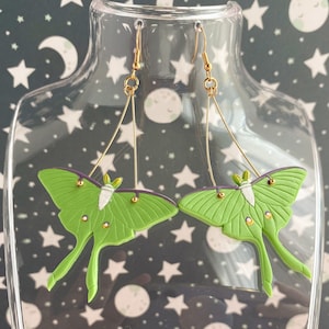 Luna Moth Dangle Earrings: Green Polymer Clay Insect Jewelry