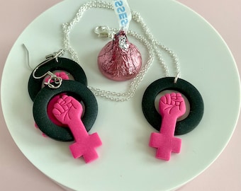 Feminist Fist Jewelry Set - Fight for Reproductive Rights Necklace, Earrings - Black and Pink Fem Power Statement - Women's Equality Jewelry