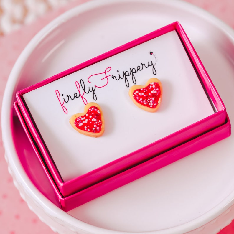 Heart Shaped Sugar Cookie Earrings Miniature Polymer Clay Food Jewelry Valentines Day or Galentine Gift for Girls image 4
