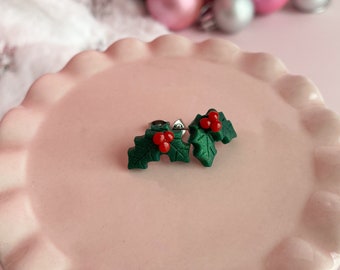 Holly Leaves and Berries Studs - Classic Christmas Earrings - Stocking Stuffer or Small Gift