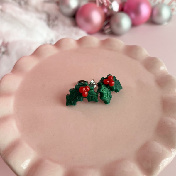 Holly Leaves and Berries Studs - Classic Christmas Earrings - Stocking Stuffer or Small Gift