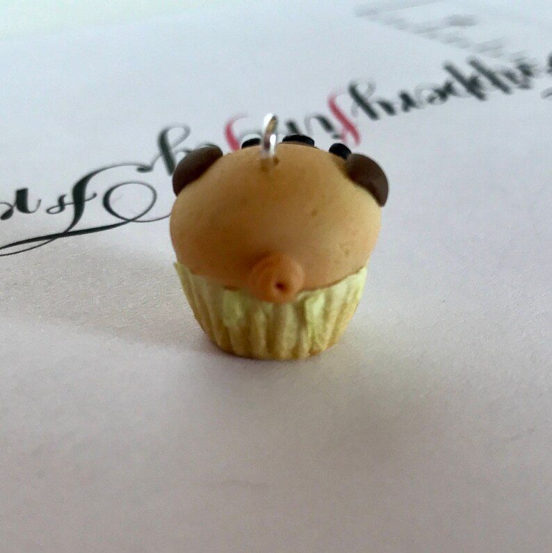 Pu&ograve; includere: Un piccolo cupcake marrone e giallo con gocce di cioccolato sulla cima. Il cupcake ha un buco al centro della parte superiore e un anello d'argento per appenderlo.