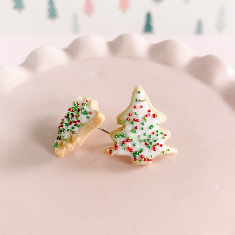 Miniature Christmas Tree Sugar Cookie Earrings Festive Holiday Jewelry Cute Christmas Gift or Stocking Stuffer for Girls image 1