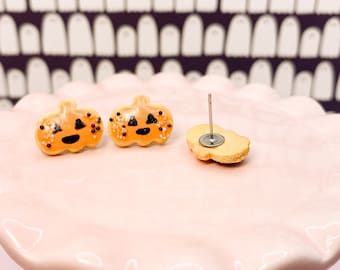 Halloween Sugar Cookie Earrings - Jack o Lantern Studs - Orange & Black Pumpkin Posts - Cute Trick or Treat Clip ons - Spooky Season Jewelry