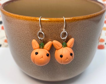 Clay Bunny Earrings: Miniature Rabbit Pumpkins, Swarovski Crystals