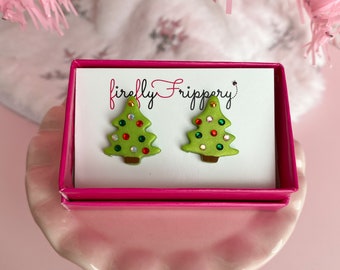 Mini Christmas Tree Stud Earrings - Christmas Post Earrings - Decorated Christmas Tree Jewelry - Holiday Jewelry - Holiday Earrings