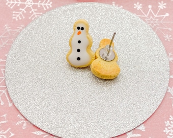 Snowman Sugar Cookie Earrings - Whimsical Handmade Snowmen Studs - White Winter Wonderland Jewelry - Cute Christmas Gift for Snowbirds