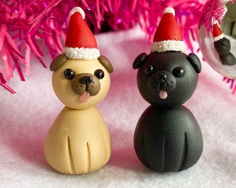 Cute Christmas Pug Figurine - Santa Paws Pug with Hat Ornament - Fawn or Black Pug Dog Lover Gift