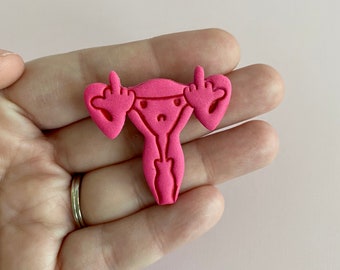 Angry Uterus giving Middle Finger Pin - FUterus Fight for Reproductive Rights Jewelry - Bans off my Body Pro Choice Handmade Clay Pin