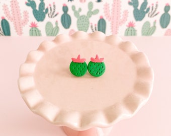 Cute Cactus Earrings - Tiny Round Barrel Cactus Jewelry - Small Pink Green Summer Studs - Clip on Available - Fun Gift for Teen Tween Girls
