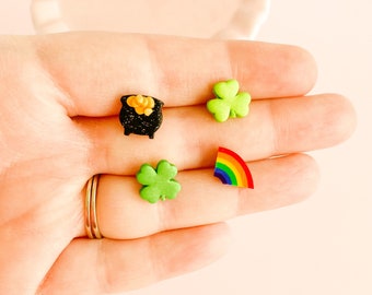 Saint Patrick’s Day Studs - Cute St. Paddy’s Day Jewelry - Fun Mix & Match or Mismatch Earrings - Clovers Pot of Gold and Rainbow Gift Set