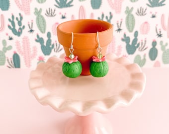 Miniature Cactus Dangle Earrings: Polymer Clay Barrel Cactus Jewelry