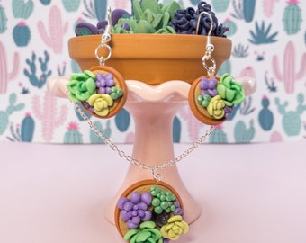 Miniature Faux Succulent Jewelry Set: Polymer Clay Earrings & Amethyst Pendant