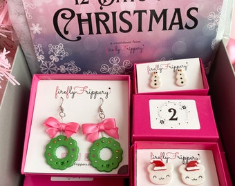 12 Days of Christmas Cute Clay Earring Countdown - Adult Advent Calendar - Unique Jewelry Lovers Gift - Seasonal Stud & Dangle Assortment