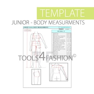 Puede incluir: Una ilustración en blanco y negro de un cuerpo femenino con líneas rojas que indican las medidas del cuerpo. La ilustración está etiquetada como "Junior (ladies) Body Measurements" e incluye una tabla con las medidas para una talla pequeña/8. La tabla está etiquetada como "Tools4Fashion" e incluye la fecha 5/15/2019.