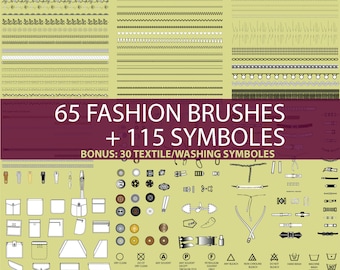 May include: A set of 65 fashion brushes and 115 symbols, including 30 textile and washing symbols. The brushes are black and white and include various lines, zigzags, and patterns. The symbols are black and white and include various buttons, zippers, pockets, and other garment details. The washing symbols are black and white and include various symbols for washing, drying, and ironing.