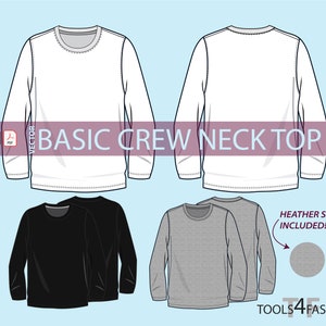 May include: A white, black, and gray long-sleeve crew neck t-shirt mockup. The text "BASIC CREW NECK TOP" is displayed above the shirts. The text "HEATHER SWATCH INCLUDED!" is displayed in the bottom right corner of the image.