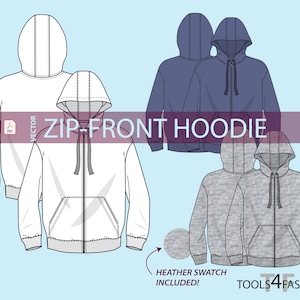 Fashion flat: ZIP-FRONT HOODIE - vector flat, technical drawing, fashion cad