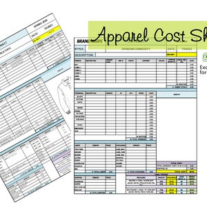 May include: A cost sheet template for apparel with a light blue and white color scheme. The sheet includes sections for style, description, division, commodity, delivery, vendor, price, cost, and total cost. The sheet also includes a section for markup and retail price. The sheet is in Excel and PDF formats.