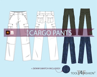 Pisos de moda: pantalones cargo - plano vectorial, dibujo técnico, cad de moda