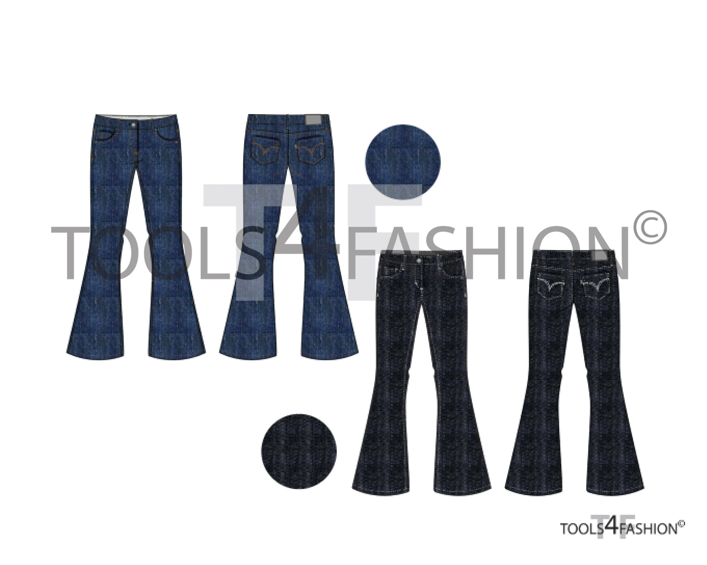 FLARED JEANS Fashion Flat Vector Flat Technical Drawing - Etsy