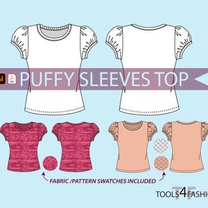 Puffy sleeves T-shirt - Fashion flat, vector flat, technical drawing, fashion cad