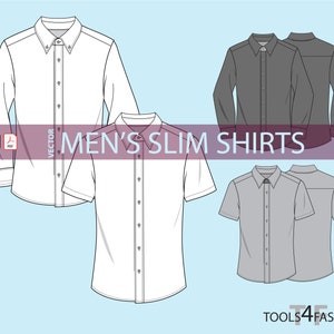 May include: A digital illustration of four slim fit shirts. Two shirts have long sleeves and two shirts have short sleeves. The shirts are white, grey, and black.