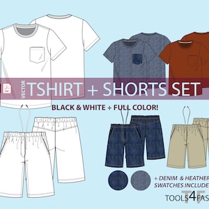Fashion flats: t-shirt and shorts set - vector flat, technical drawing, fashion cad