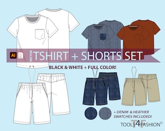 Fashion flats: t-shirt and shorts set - vector flat, technical drawing, fashion cad