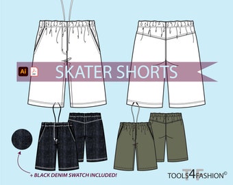 Skateboarder Shorts Vector Flat Sketch: Fashion CAD (Digital Download)