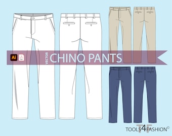 Fashion flats: Chinobroek - vector plat, technische tekening, mode-cad