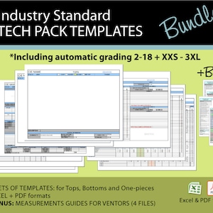 Puede incluir: Un conjunto de plantillas de paquetes técnicos para ropa, que incluye clasificación automática de tallas de 2 a 18 y de XXS a 3XL. Las plantillas están en formatos Excel y PDF. La imagen también muestra un conjunto de guías de medidas adicionales para vendedores.