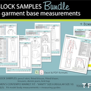 Puede incluir: Un paquete de seis muestras de bloques de prendas para una falda lápiz, una blusa ajustada, una chaqueta ajustada, pantalones, jeans de mezclilla y un top de punto. Las muestras están en formatos Excel y PDF. El paquete incluye medidas del cuerpo del modelo de ajuste y guías de medición.  "Women's Contempo Market Fit - "Vanity" Size 8 (Regular Size 10)" y "Tools4Fashion®" también se incluyen en la imagen.
