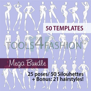 MEGA BUNDLE fashion templates croquis: 25 poses - 50 figures total + Bonus 21 hairstyles/faces/eyewear!