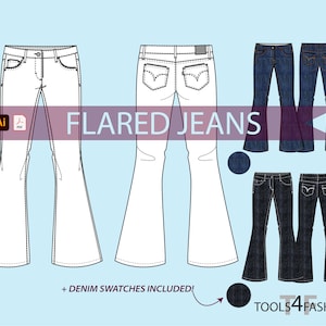 FLARED JEANS - Fashion flat, vector flat, technical drawing, fashion cad