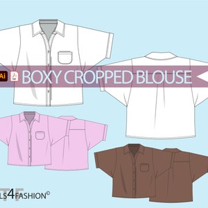 Boxy cropped blouse - Fashion flat, vector flat, technical drawing, fashion cad