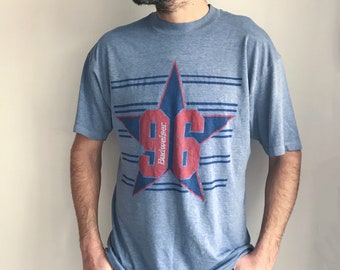 90s Vintage Budweiser 96 T-shirt // Blue Red Star Graphic Tee // American Beer // Brewing // Thin Worn in Shirt
