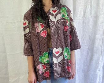 60s Vintage Hearts + Polka Dots Cape Shirt // Brown Red Green Retro Print Blouse // Sixties Hippie Love // Poncho Costume // 70s Cover Up