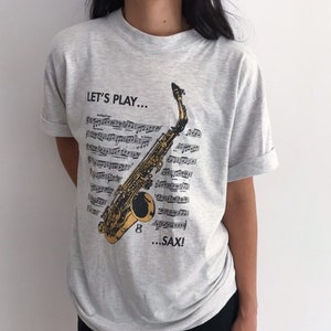 80s Vintage Saxophone Shirt // Let&#39;s Play Sax Tee // Jazz Band // Sax Player // Light Gray // Comfy Worn In // Music Notes // Making Music