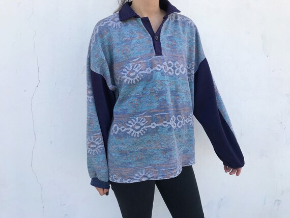 90s Vintage Patterned Pullover Sweatshirt // Blue… - image 2