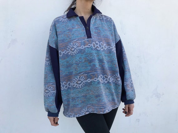 90s Vintage Patterned Pullover Sweatshirt // Blue… - image 4