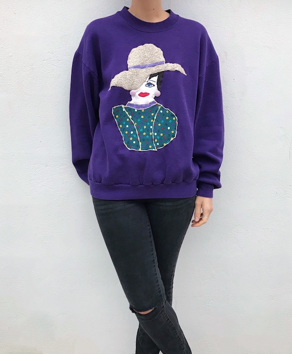 Vintage 80s 90s Purple Sweatshirt // Lady With Hat