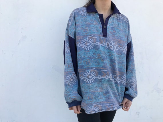 90s Vintage Patterned Pullover Sweatshirt // Blue… - image 6