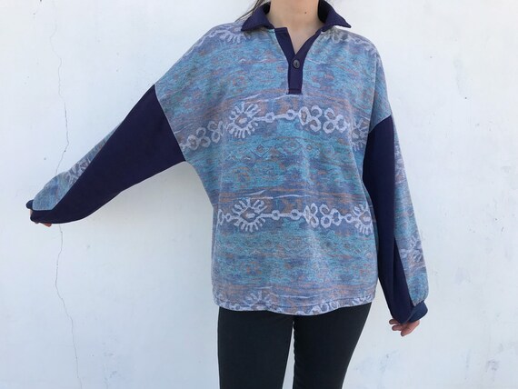 90s Vintage Patterned Pullover Sweatshirt // Blue… - image 3
