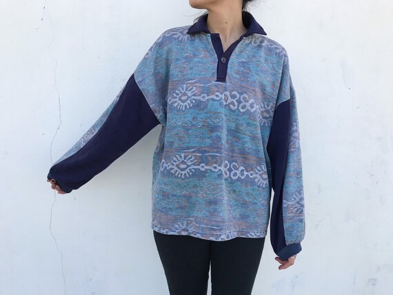90s Vintage Patterned Pullover Sweatshirt // Blue… - image 1