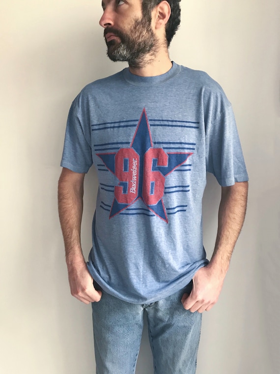 90s Vintage Budweiser 96 T-shirt // Blue Red Star Graphic Tee  