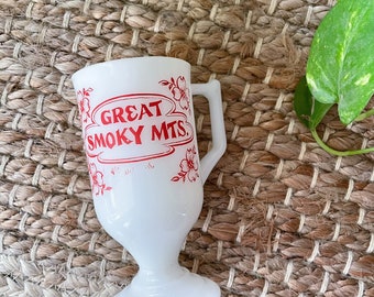 Vintage 60s Great Smoky Mountains Pedestal Mug // Bears Nature Hiking Vacation // Milk Glass // Red White // 50s // Antique Coffee Tea Cup