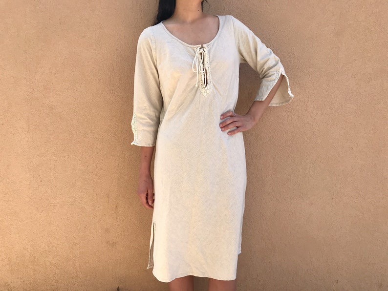 Vintage Woolworths Boho Linen Dress Lace Detail Neutral Minimalist Natural Tie Front Bell Sleeve Side Slit